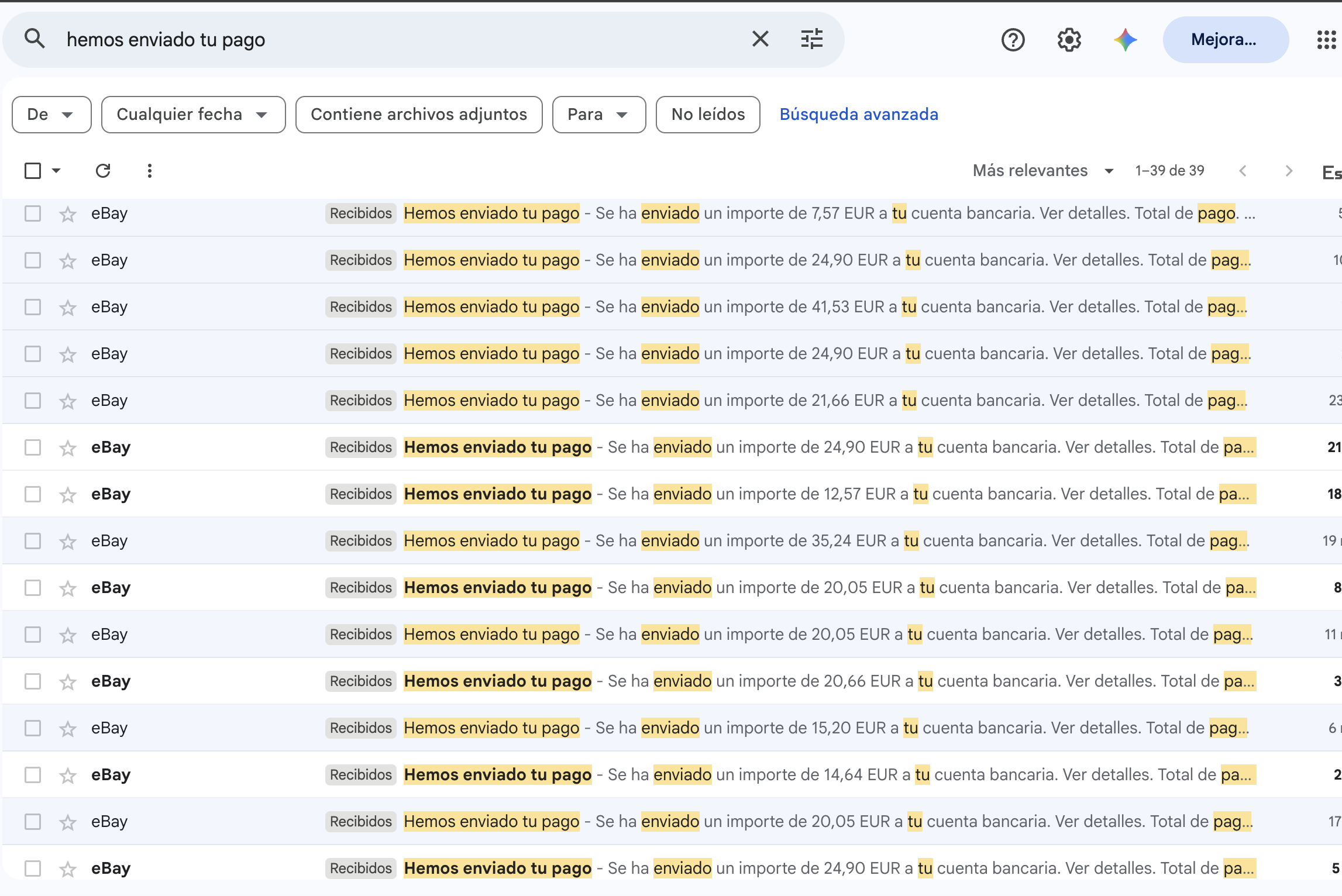 Notificaciones de eBay «Hemos enviado tu pago» en Gmail, una por cada venta cerrada.